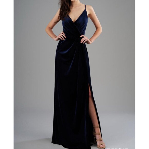 B2 Jasmine Dresses & Skirts - B2 Jasmine Velvet Dark Blue long Dress Womens 4 Side Slit Babydoll Prom